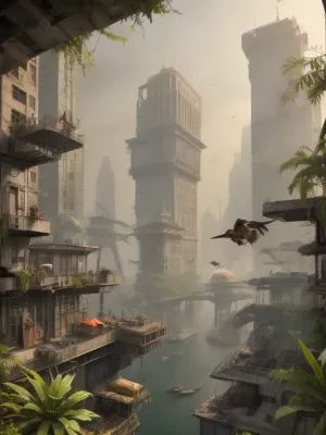 ** Bird's eye view of a post-apocalyptic metropolis, ** Vast jungles of concrete and steel are swallowed up by nature, skyscrapers with * * collapsed facades* * and **rusted beams* * have turned into vertical gardens where * * giant ferns* * and * * creepers * * entangle * * cracks in the walls**, and * * waterfalls of moss * * flow down through the **mangled elevators**. The roofs are hidden under a dense jungle canopy of oaks, palm trees, and glowing mushrooms, whose roots tear the freeways into crumbling slabs dotted with rusty car hulks and leaning streetlights. ** Collapsing bridges * * hang over * * overgrown canals**, where * * brown bears* * drink from * * swamps with water lilies**, and * * herds of antelopes * * roam among * * destroyed billboards* * with * * peeling paint**. In the sky, **swift peregrine falcons * * hunt * * flocks of crows * * circling over * * the remains of stadiums** where * * wild vineyards** have swallowed * * the stands**. ** The setting sun * * breaks through * * toxic yellow smog**, painting** the hazy haze **in * * neon green* * and * * blood orange * * shades, and * * bioluminescent algae * * shimmer in * * underground rivers* * of former subways. **8K detail * * highlights * * cracks in the asphalt**, **peeling paint* * on * * abandoned tanks**, **bird feathers scattered* * on * * alleys**, **dew drops** on **cobwebs* * between * * antennas** skyscrapers, * * rusty rivets* * on * * bridges* * and * * cactus needles * * piercing * * paving slabs**. ** HDR lighting * * enhances the contrast between * * warm highlights* * on * * cheetah skin* * and * * cold shadows* * in * * dungeon pits**, and * * raytracing * * creates * * a three-dimensional fog** that envelops * * helicopter remains* * on * * * runways**. **Focus* * on * * a giant baobab tree * * sprouting through * * the planetarium dome**, its * * snake roots* * entwining * * abandoned telescopes**, and * * the background * * dissolves into * * fog with ash particles**, where * * the silhouettes of cranes** and * * cranes * * resemble * * the skeletons of prehistoric lizards**. ** Lossless PNG format * * saves * * ultra-details**, from * * python scales* * on * * monument debris* * to * * ice crystals* * on * * icy arches* * in** permafrost * * underground storage facilities. Nature didn't just **win** — it **rewrote the DNA of the megalopolis**, turning it into a **symbiosis of apocalypse and rebirth**.