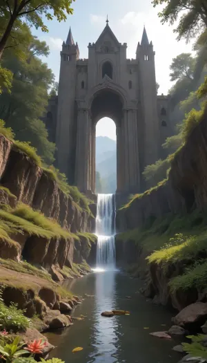 A wild river carves through a fantastical utopian landscape, its turquoise waters glowing faintly with bioluminescent algae as it plunges over moss-covered cliffs into misty waterfalls. Towering trees with translucent amber bark and iridescent leaves form a lush canopy, while fields of luminescent flowers in violet, coral, and gold ripple in the breeze. The air shimmers with floating pollen-dust and tiny winged creatures resembling dragonflies with stained-glass wings. Jagged crystal spires rise in the distance, half-hidden by cascading vines and glowing fungi clinging to their bases. The sky is a kaleidoscope of soft auroras blending into peach-hued clouds, casting warm light on ancient stone bridges draped in ivy and orchids. No signs of technology—only harmonious coexistence of magic and nature, with waterfalls feeding crystal-clear pools teeming with fish that flicker like living gems. Style, ethereal fantasy realism with hyper-detailed textures, (water droplets, leaf veins, crystal facets), and a vibrant palette of jewel tones against earthy greens and golds.
