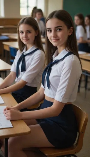 Sexy college girls in a classroom sitting behind desks, snuggle together, looking to viewer, blush faces, shy smile, sexy school uniform, midriff., (slender:1.2)