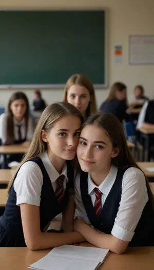 Sexy college girls in a classroom sitting behind desks, snuggle and kissing together, looking to viewer, blush faces, shy smile, hot sexy school uniform, midriff., (slender:1.3)