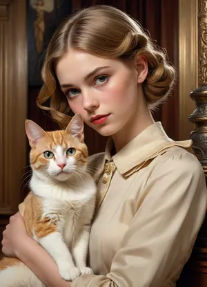 1Woman 18 years old and 1cat, J.C., Leyendecker, Style, page, <lora:SimplePositive_XL_v1_AutoRunMech:.5>, <lora:J.C. Leyendecker Style:.3>