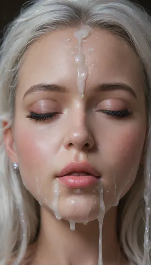 extreme close-up of an Iranian bride's beautiful face, elegant bridal makeup partially smeared, long eyelashes, subtle pink lipstick, soft foundation —, (thick milky white glossy cum with creamy undertones pouring down from her hairline and forehead:1.6), (cum flowing over her closed eyes, nose, cheeks, and lips:1.5), (mascara and eyeliner slightly running from the eyes:1.4), (slime dripping off her chin and jawline), soft wet hair strands stuck to her face, cinematic soft lighting, high texture realism, delicate bridal veil barely visible in the frame, dark artistic background, emotionally intense and surreal mood