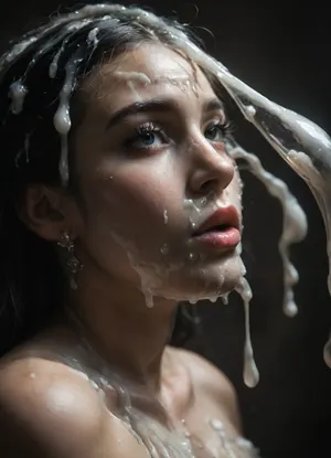 side view, giant big black dick, cumshot, bukkake, extreme close-up of an Iranian bride’s face, black hair, Persian chubby slut wife, (completely glazed with thick milky white glossy cum:1.7), no skin visible beneath the slime layer, (smooth seamless coating:1.5), (slime oozing and flowing over facial contours:1.4), eyelids, lips, cheeks, chin all buried under the fluid, facial shape still subtly visible beneath the glaze, soft veil partially stuck to the slime, surreal beauty shot, high detail wet texture, cinematic lighting, dark soft background, artistic surrealism, close_up_detailed_shot_of1, reij-snrs, light, and, shadow, by, <lora:close_up_detailed_shot_of1:.8>, <lora:dark:.5>, <lora:sunriseSDXL-000009:.8>