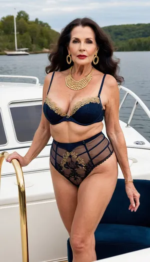 sexy granny mature, sexy 75 years old, dark brunette, long wave hair, very chubby, wide hips, very small boobs, very tall, naught sexy orgasm face, tall, glamour, make up, lipstick, huge gold hoop earrings, gold necklace, at the boat, sexy mules heels, looking at the camera, extreme high waisted black with gold lingerie, very high waisted lingerie, full body view, walking towards the camera
