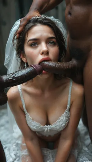 interracial, (two muscular black skin brutes), very very large black penises, black cocks, black dicks, hazel eyes, ((two slide pics, on the top big black penis in front of her face, on the down pics big black penis in the mouth)), iranian face, (two thick black penises), (face fuck destroy), ((deepthroat balls deep)), ((all thick Big black cock deepthroat)), (slime on face), super close up image, (ruined makeups), micro art photograph of an Iranian curvy bride standing on a glossy black velvet floor against a pitch-dark background. Dramatic, cinematic lighting with high contrast and soft shadows., ((Her entire feet, nylon, pussy, body, and classic lace white wedding dress are covered in a thick, jelly-like texture. The slime drips slowly from her hair and shoulders, creating a surreal, beautiful, and mysterious effect.)), The wedding dress features traditional Persian details such as tulle, gemstones, and Islamic motifs, visible beneath the slime. Visually stunning, surreal, and elegant composition with a focus on the tactile contrast between the slime and the white dress against the black velvet., BadX, <lora:671410_training_data:1.3>, <lora:MJ52:.8>