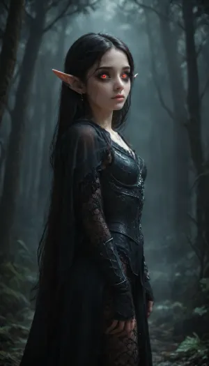(1 extremely cute elf girl standing in a dark eerie forest:1.6), (closa angle:1.4), (side view), big thin cute lips, (extremely small beautiful face:1.6), black hair, (extremely long hair), extremely straight hair, (beautiful black fishnet armor:1.3), (fully clothed), white skin, very long thick eyelashes, (dark red eyes), (extemely cute petite body:1.4), collarbones, multiple big necklace, earrings, (cute tiny breasts), small waist, bubble butt, (extremely thin petite thighs), long legs, (extremely perfect big beautiful eyes:1.8), (perfect face), 8k, (dark evil forest), white, sclera, eyes, R3g4l, 3lv3n, woman, courtyard, armor, cloak, sword, castle, Dark, dreams, Eerie, reality, Horror, Darkness, <lora:white sclera v2:1.3>, <lora:rknArouseXL:.4>, <lora:Regal_Elven:.8>, <lora:1366408_training_data:.8>, <lora:DDXL:.8>