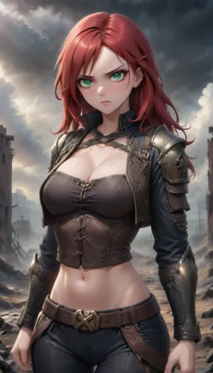 woman, masterpiece, best quality, katarina, (scar over eye), armor, cropped jacket, cleavage, bustier, midriff, belt, black pants, upper body, standing, furrowed brow, serious expression, glare, looking at viewer, wasteland, sky, clouds, <lora:katarina-nvwls-v1-final:.5>