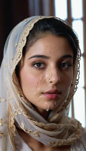 portrait of a, (very petite:1.3), (19 year old), (arabic woman), (lace-hijab), (cum on face), (cum on hijab), . woman, cum, on, face, <lora:JustCum:1.1>