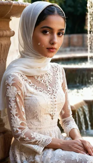 portrait of a, (very petite:1.3), (19 year old), (arabic woman), (lace-hijab), (lace-dress), (cum on face), (cum on hijab), sitting near a fountain. woman, cum, on, face, <lora:JustCum:1.1>