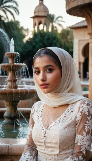 portrait of a, (very petite:1.3), (19 year old), (arabic woman), (lace-hijab), (lace-dress), (cum on face), (cum on hijab), sitting near a fountain. woman, cum, on, face, <lora:JustCum:1.1>