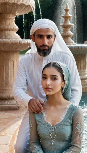 portrait of a, (very petite:1.3), (19 year old), (arabic woman), (lace-hijab), (lace-dress), (cum on face), (cum on hijab), sitting near a fountain. Behind her stands a man, gray beard, traditional arabic clothes, putting a hand on her shoulder. woman, cum, on, face, <lora:JustCum:1.1>