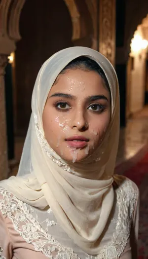 portrait of a, (very petite:1.3), (19 year old), (arabic woman), (lace-hijab), (cum on face), (cum on hijab), (running masqara), (running makeup), . woman, cum, on, face, <lora:JustCum:1.1>, <lora:315758_training_data:.8>