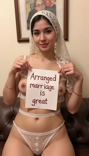 full-body portrait of a, (very petite:1.3), (19 year old), (arabic woman), (lace-hijab), (lace-dress covering arms and body), decent jewlery, modest makeup, in an Arabic livingroom, nonnude. She holds a handmade sign with text "Arranged marriage is great".