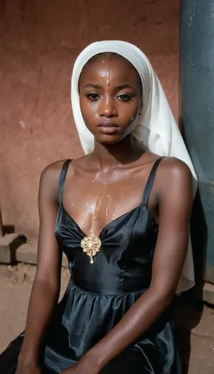 portrait of a, (very petite:1.3), (19 year old), (Congolese woman), (very dark black skin), (satin-dress), (cum on face), (cum on hijab), sitting near a well. woman, cum, on, face, <lora:JustCum:1.1>
