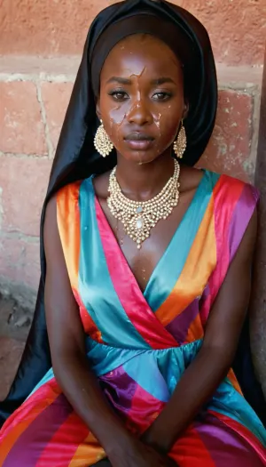 portrait of a, (very petite:1.3), (19 year old), (Congolese woman), (very dark black skin), (colorfull satin-dress), (cum on face), (cum on hijab), sitting near a well. woman, cum, on, face, <lora:JustCum:1.1>