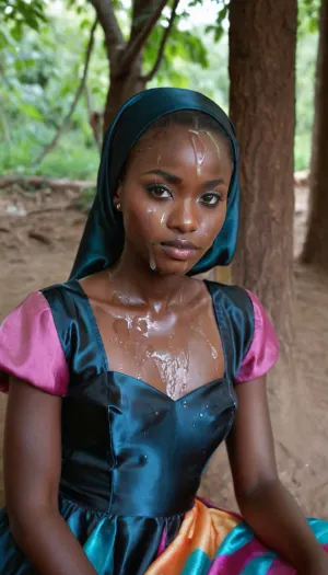 portrait of a, (very petite:1.3), (19 year old), (Congolese woman), (very dark black skin), (colorfull satin-dress), (cum on face), (cum on hijab), sitting near a spring. woman, cum, on, face, <lora:JustCum:1.1>