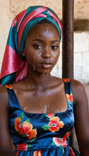 portrait of a, (very petite:1.3), (19 year old), (Congolese woman), (very dark black skin), (colorfull satin-dress), (cum on face), (cum on hijab), sitting near a spring. woman, cum, on, face, <lora:JustCum:1.1>