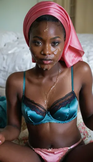 portrait of a, (very petite:1.3), (19 year old), (Congolese woman), (very dark black skin), (colorfull satin-lingerie, bra and panties), (cum on face), (cum on hijab), sitting near a spring. woman, cum, on, face, <lora:JustCum:1.1>