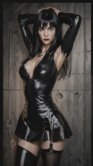 (((vampire dead victim!!!))), Russian, (full-body-shot:1), (((dark black leather skirt!!!, dark black leather body, high-detail skirt, shiny beige stockings!!!))), dark horror atmosphere, partial shade, dim lighting around, deadweyes, The whitish eyes of a dead woman, clean-shaven pubis, slender waist, petite figure, narrow shoulders, cute face, Jet black Hair, straight bangs, straight shiny hair, strict look, real life, photo realism, (masterpiece:1.2), (best quality, highest quality), (ultra detailed), (8k, 4k, intricate), (((passive pose:1.2))), (50mm), (highly detailed:1.2), (detailed face:1.2), (ambient light:1.3), (cinematic composition:1.3), (HDR:1), Accent Lighting, extremely detailed CG unity 8k wallpaper, original, highres, (perfect_anatomy:1.2), <lora:InstantPhotoX3:.5>