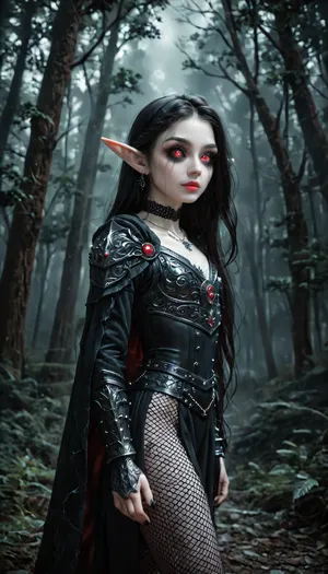 (1 extremely cute elf girl standing in a dark eerie forest:1.6), (closa angle:1.4), (side view), big thin cute lips, (extremely small beautiful face:1.6), black hair, (extremely long hair), extremely straight hair, (beautiful black fishnet armor:1.3), (fully clothed), white skin, very long thick eyelashes, (dark red eyes), (extemely cute petite body:1.4), collarbones, multiple big necklace, earrings, (cute tiny breasts), small waist, bubble butt, (extremely thin petite thighs), long legs, (extremely perfect big beautiful eyes:1.8), (perfect face), 8k, (dark evil forest), white, sclera, eyes, R3g4l, 3lv3n, woman, courtyard, armor, cloak, sword, castle, Dark, dreams, Eerie, reality, Horror, Darkness, <lora:white sclera v2:1.3>, <lora:rknArouseXL:.4>, <lora:Regal_Elven:.8>, <lora:1366408_training_data:.8>, <lora:DDXL:.8>