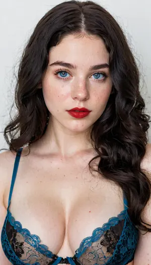 Passport photo, Long wavy black hair, Persian girl, wearing Black lace Bra, panties, Black stockings, red lipstick, very pale skin, flushed cheeks, 18-year-old woman, blue eyes, Big ass, very white skin, big natural tits, white background, freckles, Highest Quality, detailed skin texture, detailed photo, 4K