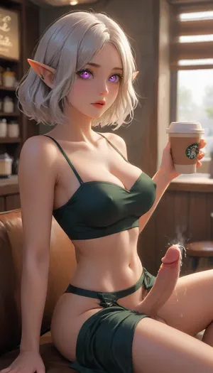 (Dark elf sorceress), glowing violet eyes, (detailed eyes), (perfect eyes), long white hair, deep cleavage, seductive gaze, Starbucks Coffee uniform, piercings, smooth black skin, big round boobs, erect nipples, shiny body, toned abs, narrow waist, curvy hips, laying on lounge chair, Profile view, looking from the side, lying on his stomach, sticking his ass up, penis hanging down, testicles hanging down, head resting on his hands, seductive pose, Starbucks Coffee interior, soft fog, erotic fantasy lighting, NSFW, masterpiece, highly detailed, futanari, futanari penis, testicles, erection, futa_overflow, cum, dripping cum, <lora:J_cartoon:.3>, <lora:Animated_Concept:.3>, <lora:samdoesarts1.1-000030:.3>, <lora:209970_training_data:.8>, solo, bangs, eye, focus, shocked face, sparkle, looking, at, viewer, glowing, eyelashes, <lora:Jeweled eyes-NAI:.8>
