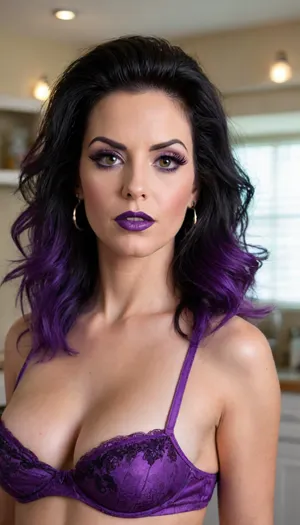 Mid 40s woman, trailer trash but so hot, looks like she wants to suck your dick off. Heavy makeup, purple and black hair, heavy lipstick, mole on face, (piercings in eyebrow, bottom lip, nose, nipples), big hair, heavy eye shadow, long painted nails, flannel shirt, short shorts, big hoop earrings, big fake eyelashes