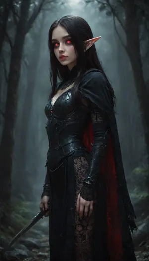 (1 extremely cute elf girl standing in a dark eerie forest:1.6), (closa angle:1.4), (side view), big thin cute lips, (extremely small beautiful face:1.6), black hair, (extremely long hair), extremely straight hair, (beautiful black fishnet armor:1.3), (fully clothed), white skin, very long thick eyelashes, (dark red eyes), (extemely cute petite body:1.4), collarbones, multiple big necklace, earrings, (cute tiny breasts), small waist, bubble butt, (extremely thin petite thighs), long legs, (extremely perfect big beautiful eyes:1.8), (perfect face), 8k, (dark evil forest at night), red moon, white, sclera, eyes, R3g4l, 3lv3n, woman, courtyard, armor, cloak, sword, castle, Dark, dreams, Eerie, reality, Horror, Darkness, <lora:white sclera v2:1.3>, <lora:rknArouseXL:.4>, <lora:Regal_Elven:.8>, <lora:1366408_training_data:.8>, <lora:DDXL:.8>