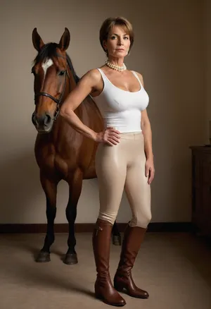 Plain background, sunny morning, 60 year old woman, standing full length side on, perfect face, insanely hot, domme style, femdom, stunning beauty, bimbo, skinny, thin, large firm breasts, huge breasts, short bob brunette hair, deep tanned skin, pearl earrings, ultra-white bra, beige tight-fitting equestrian leggings, jodphurs, brown leather knee-length riding boots, looking haughty, hd, hdr, ultrarealistic, lots of detail, lots of skin details, award winning photograph, looking forward and point at camera with her right hand