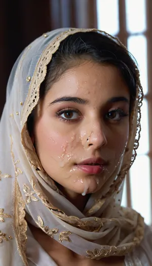 portrait of a, (very petite:1.3), (19 year old), (arabic woman), (lace-hijab), (cum on face), (cum on hijab), . woman, cum, on, face, <lora:JustCum:1.1>