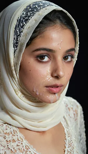 portrait of a, (very petite:1.3), (19 year old), (arabic woman), (lace-hijab), (cum on face), (cum on hijab), . woman, cum, on, face, <lora:JustCum:1.1>