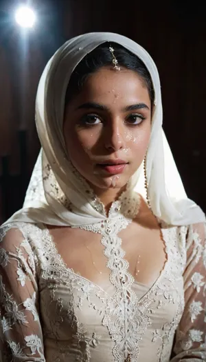 portrait of a, (very petite:1.3), (19 year old), (arabic woman), (lace-hijab), (lace-dress), (cum on face), (cum on hijab), . woman, cum, on, face, <lora:JustCum:1.1>