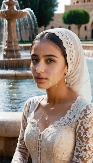 portrait of a, (very petite:1.3), (19 year old), (arabic woman), (lace-hijab), (lace-dress), (cum on face), (cum on hijab), sitting near a fountain. woman, cum, on, face, <lora:JustCum:1.1>