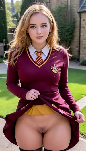 young busty curvy curly sunny blonde wearing gryffindor hogwarts uniform walking around hogwarts backyard, large natural heavy tits, exhibitionist, perfectly shaped breasts, plump and chubby, hourglass figure, she lifts her skirt to show her puffy pussy for everybody, fully clohed, (lifted skirt:1.2), skirtlift, <lora:harry_potter_v1:.8>, <lora:skirtlift_xl:.8>
