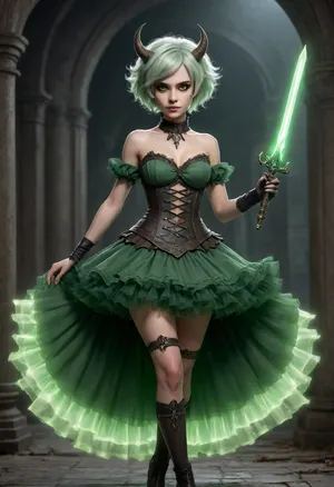 Full body, Sylvina, The Taken Breath, (undead), female, assassin, rogue, young, no-nonesense, apathetic, swift, efficient, (gray/brown skin), (short straight pale green hair), (large serrated dark green horns), (frilled dress), (poofy tutu), (two glowing green stiletto daggers), (glowing green eyes), (skeletal motif), (rib pattern on dress), (bone aesthetic)