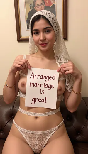 full-body portrait of a, (very petite:1.3), (19 year old), (arabic woman), (lace-hijab), (lace-dress covering arms and body), decent jewlery, modest makeup, in an Arabic livingroom, nonnude. She holds a handmade sign with text "Arranged marriage is great".