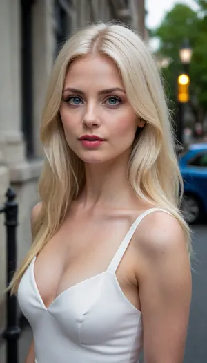 A 30-year-old platinum blonde with long straight hair, medium-sized natural breasts, fair skin without wrinkles, dark blue eyes, a detailed face, thin beautiful lips, a hyper-realistic look of the whole body, she is wearing a white dress high-heeled shoes