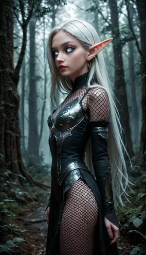 (1 extremely beautiful elf girl standing in a dark eerie forest:1.6), (closa angle:1.4), (side view), big thin cute lips, (extremely small beautiful face:1.6), white hair, (extremely long hair), extremely straight hair, (sexy black fishnet armor:1.3), (fully clothed), white skin, very long thick eyelashes, (light white eyes), (extemely cute petite body:1.4), collarbones, multiple big necklace, earrings, (cute tiny breasts), small waist, bubble butt, (extremely thin petite thighs), long legs, (extremely perfect big beautiful eyes:1.8), (perfect face), 8k, (dark evil forest at night), evil moon, white, sclera, eyes, R3g4l, 3lv3n, woman, courtyard, armor, cloak, sword, castle, dark, chiaroscuro, low-key, <lora:white sclera v2:1.3>, <lora:rknArouseXL:.4>, <lora:Regal_Elven:.8>, <lora:1366408_training_data:.8>, <lora:zavy-cntrst-sdxl:.8>