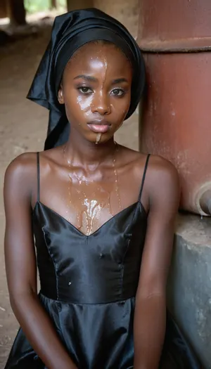 portrait of a, (very petite:1.3), (19 year old), (Congolese woman), (very dark black skin), (satin-dress), (cum on face), (cum on hijab), sitting near a well. woman, cum, on, face, <lora:JustCum:1.1>
