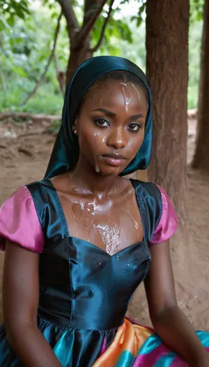 portrait of a, (very petite:1.3), (19 year old), (Congolese woman), (very dark black skin), (colorfull satin-dress), (cum on face), (cum on hijab), sitting near a spring. woman, cum, on, face, <lora:JustCum:1.1>
