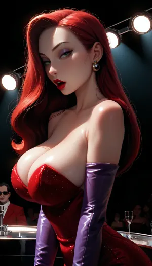 masterpiece, best quality, high resolution, hires, score_9, score_8_up, score_7_up, score_6_up, (Jessica Rabbit from Who Framed Roger Rabbit), incase, style, ratatatat74, solo, side view, close up, stage, detailed, dark, <lora:287175_training_data:1.5>, <lora:ratatatat74-000050:1.3>