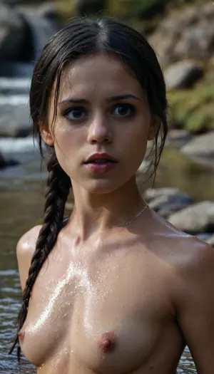 (blurred mountain stream backround full of naked females), portrait up to belly, long wet ponytail hair, very fair skin, without makeup, happy face expression, (ultra high detailed face:1.2), (high detailed eyes:1.2), wet skin, (ultra realistic skin:1.1), skinny body, small a-cup breasts, very small nipple areolas, hard nipples, walking through cold water up to the stomach, w3dn3sd4y, <lora:Wednesday-Jenna SDXL1.0:1>