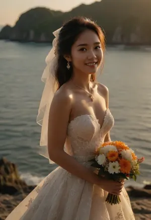 score_9, score_8_up, score_7_up, score_6_up, 1girl, vietnamese, solo, expressive eyes, happy, smiling, jewelry, ring, beautiful wedding dress, floral bridal gown, nature, sun light, sun set, ocean view