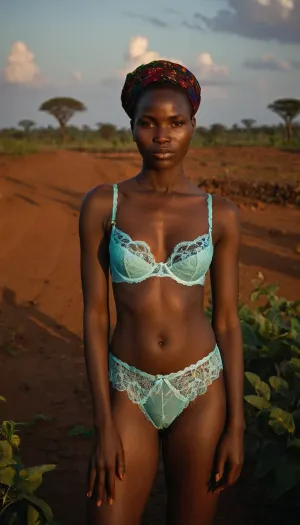 full-body portrait of a, (typical), (19 year old), (Central African Republic woman), (colorfull lace-lingerie, bra and panties), standing in a typical Central African Republic landscape.