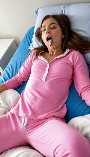 Sleeping girl, 22 years old, realistic, she is wearing long pants, she is wearing pink pajama, brown hair, cum in mouth while sleeping