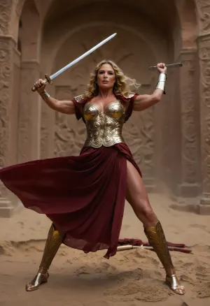 ((shot aimed from below, passing female pussy and boobs and extending to the ceiling:1.6)), ((45 years old mature gladiatrix sqatting above muscular male antic Roman soldier:1.8)), ((Wicked passionate Antic Roman female gladiatrix fucked hardly:1.4)), ((antic Roman Arena with sand floor:1.3)), ((attacking viewer with a sword:1.5)), (extreme long honey blonde wavy voluminous hair:1.4), arrogant proud stunning rectangle shaped face, highly detailed skin, barely visible freckles, sharp chin, curvy jaw lines, wide brown seductive eyes, high sharp cheekbones, Slavic roots, huge sensual bright red lips, curvaceous hourglass bimbo body, high libido, warrior, vigorous, wide round muscular hips, narrow waist, 36J cup round natural boobs, ((dressed in bronze armor and asymmetrical gauze tyrian maroon bandage with golden borders around her breast:1.3)), beautiful round ass, antic style sandals, RAW image, DSLR photography, 8K, best quality, sharp focus, detailed, eyes, perfect, freckles, skin, texture, photorealistic, large, breasts, big, boobs, huge, tits, <lora:add-detail-xl:.8>, <lora:Super_Eye_Detailer_By_Stable_Yogi_SDPD0:.8>, <lora:bombshell_v2:.4>, ovhatt, bothnd, onehnd, front, view, side, overhead, attacking, with, <lora:OverheadAttack.0.9:.8>