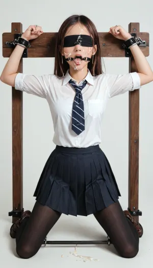 Black pantyhose, ring gag, open mouth gag, cum on face, kneeling, spreader bar, spread arms, high school uniform, white collared shirt, black pleated skirt, classroom background, (Comfyui with controlnet), Model, arms up, A petite brown haired woman in stocks pose, a look of annoyed, iron cuffs on wrists and ankles, blindfold, <lora:BondageXcrossV1--In Stocks Pose:.5>, <lora:Blindfolded:.8>, kyoshitsu, kaidan, rouka, <lora:Gakkou_SDXL_V1:.8>