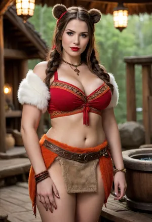 Full body, Gerda, Soothing Siren, bear beastkin, (large bear ears), (brown furry bear arms and paws), female, (sturdy build), (stocky), peaceful, relaxed, beautiful, generous, proprietress of hot springs inn, insightful, mature, wise, (pale skin), (dark brown medium length hair framing face and tied into ponytail), (bright orange eyes), (short stack), (short), (massive breasts), (huge boobs), (muscle gut), (massive hips), (wide hips), (red and tan tribal makeup), (red lipstick), (brown fur shoulder wrap), (white breast cups no straps), (beast tooth jewelry), (lots of straps and belts), (numerous cloths wrapped around waist into a skirt), (furry boot sandals), (large ornate wooden hot spring ladle), (tribal vibes)