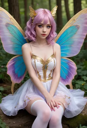 Full body, Tasi, Fairy of Dreams, fairy, female, mage, (dream magic), neat, graceful, playful, sympathetic, curious, full of wonder, (pastel purple antennae), (medium length pink hair that ends in an outward curl), (pale skin), (purple eyes), (white sleeveless dress with gold accents), (white thigh highs with gold accents), (white shoes with gold accents and central green gemstones), (large gold rings on wrists), (bright blue and pastel purple butterfly wings), floating, (Druid vibes)