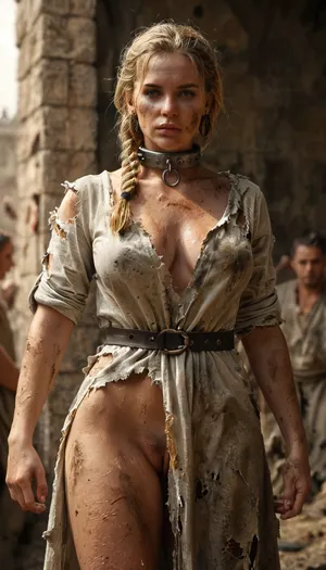 Uber realistic, 8k, ultra detailed, masterpiece, random pose, random camera angle, ancient rome, defiant roman slave woman, weak soft woman, exposed pussy, hairy pussy, large boobs, blonde hair, braids, khaki tunic, torn clothes, dirty clothes, dirty skin, dirty face, scrapes and bruises, rusty metal, slave collar, metal collar, rusty collar, rusty shackles, arrogant, torn, fly, down, at, _______, <lora:tornclothesv6-8:.8>, <lora:crowd_notrigger:.8>, <lora:MJ52:.8>, <lora:add-detail-xl:.8>